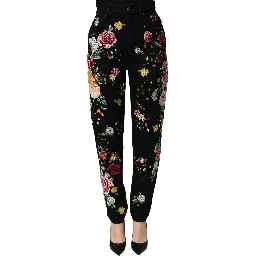 Black Floral Cotton High Waist Tapered Pants