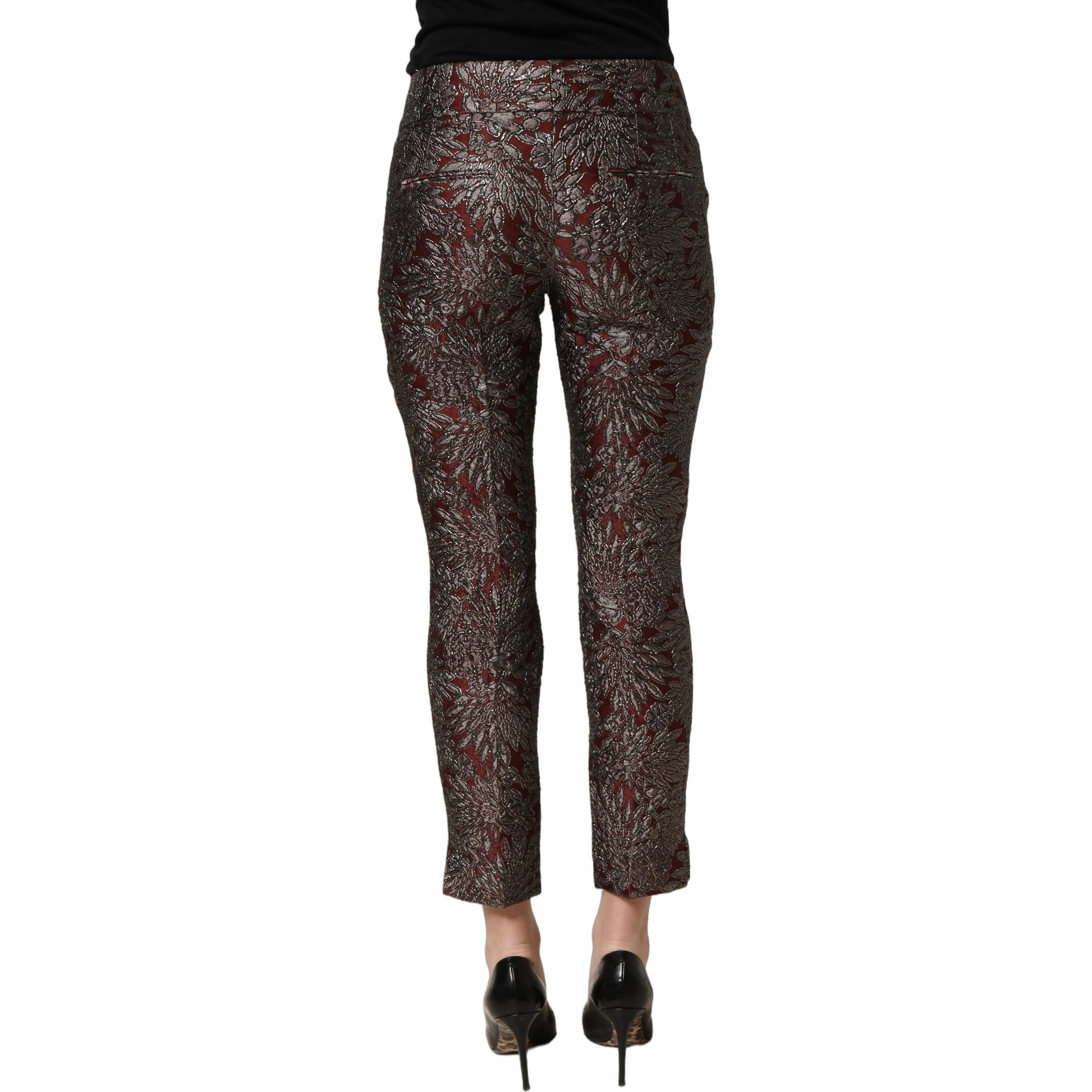 Burgundy Grey Floral Jacquard Straight Pants