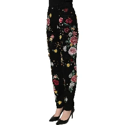 Black Floral Cotton High Waist Tapered Pants