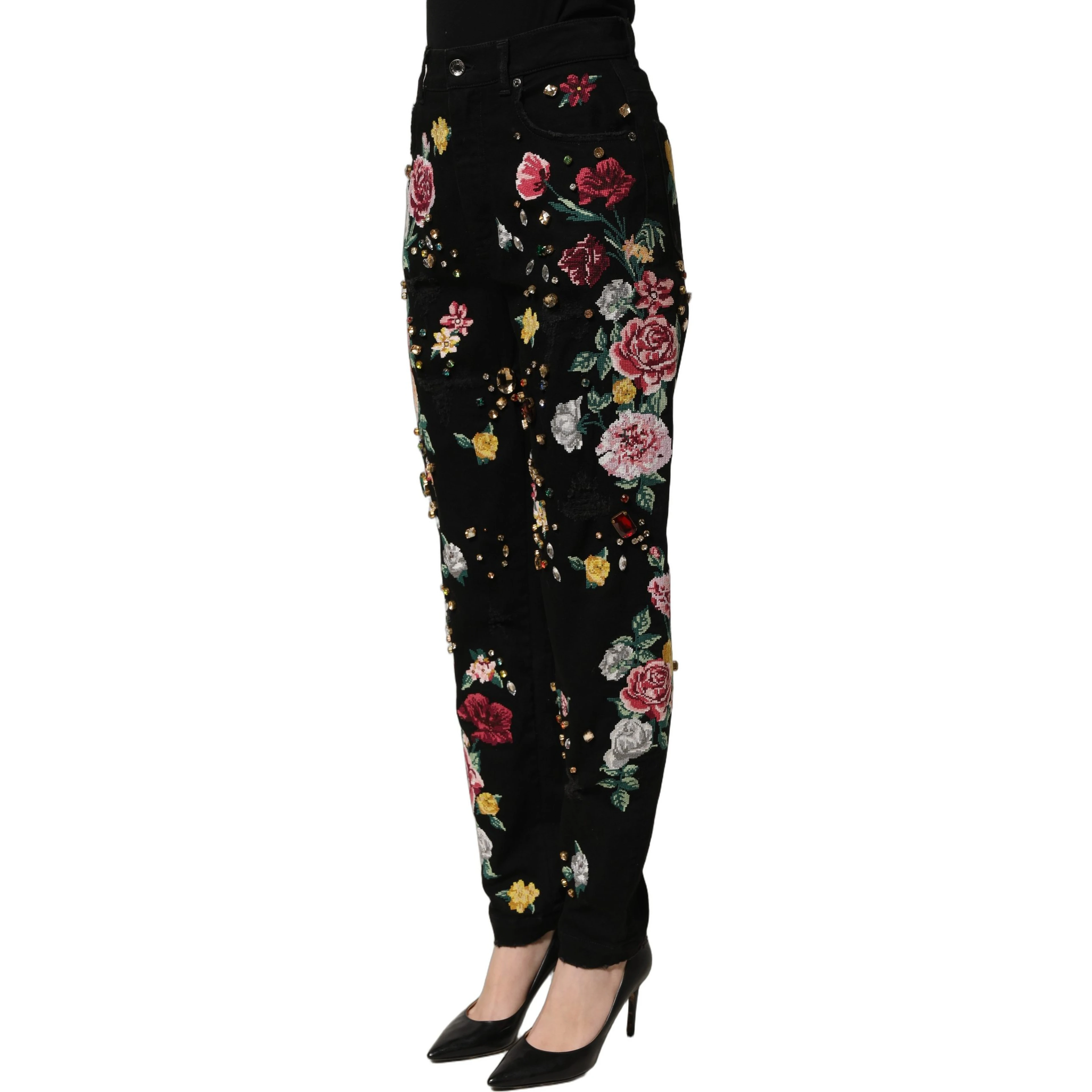 Black Floral Cotton High Waist Tapered Pants