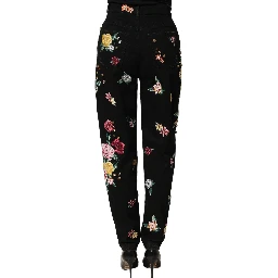 Black Floral Cotton High Waist Tapered Pants