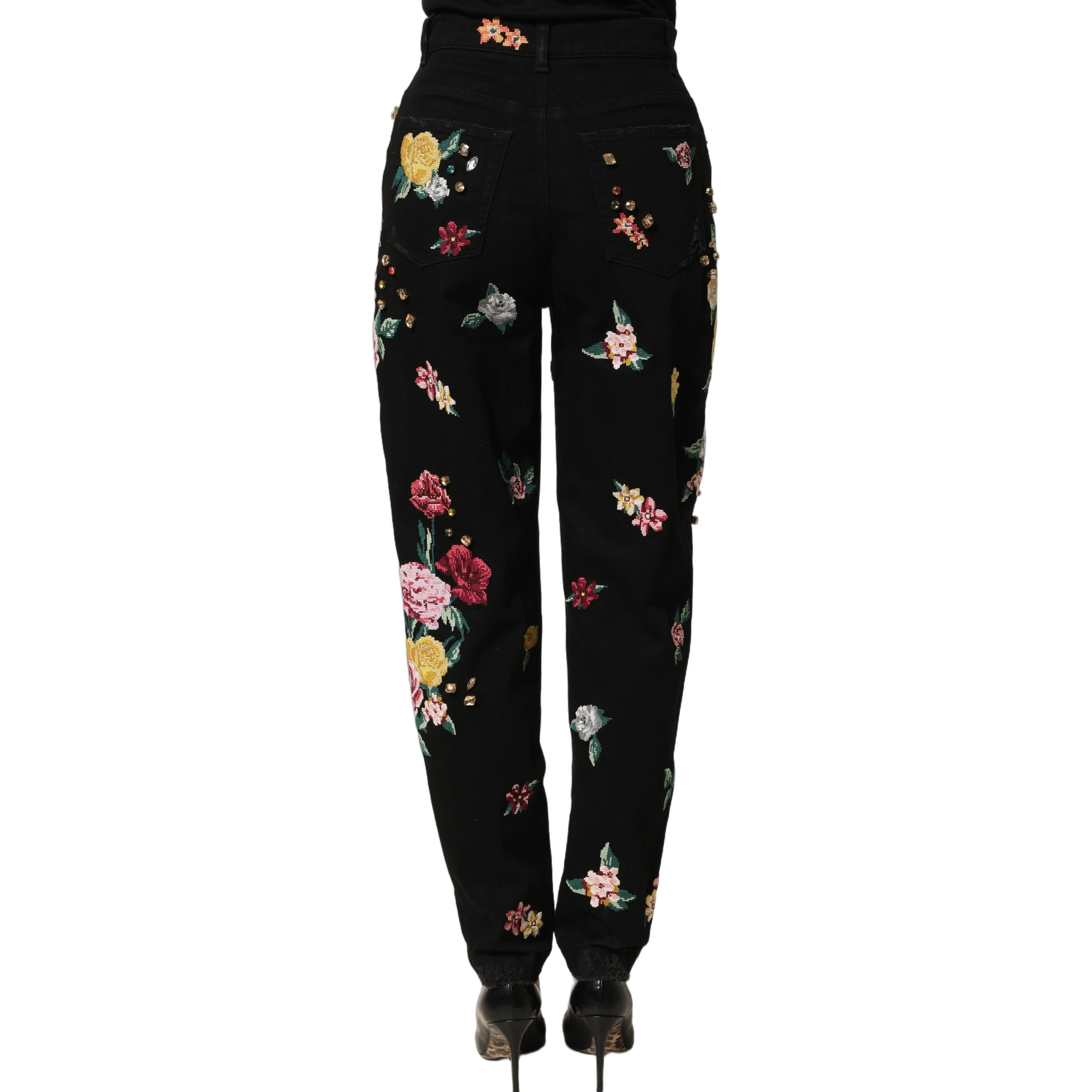 Black Floral Cotton High Waist Tapered Pants