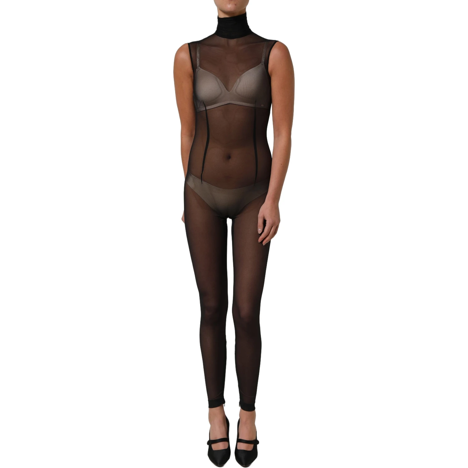 Black Sheer Mesh Jumpsuit Turtleneck Dress