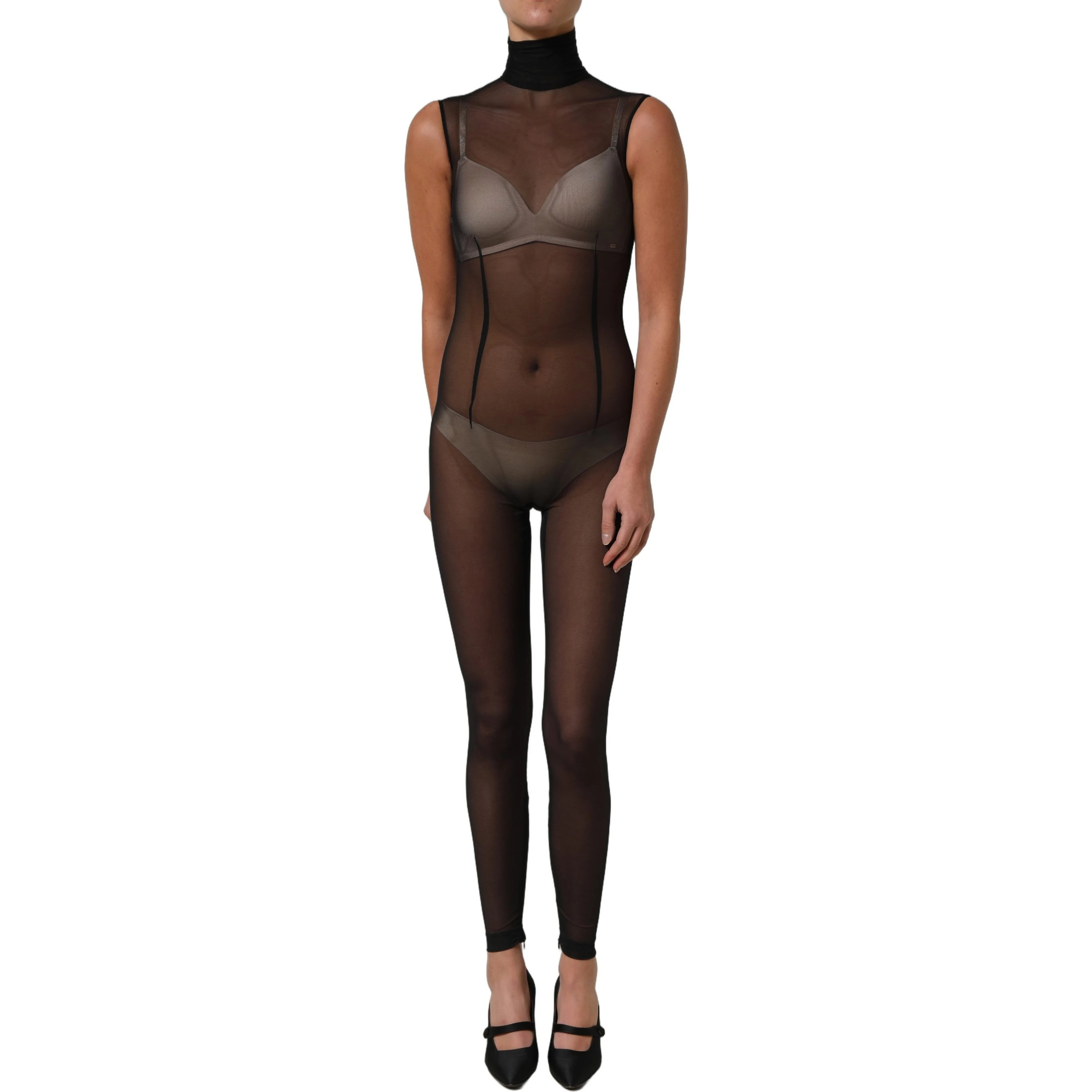 Black Sheer Mesh Jumpsuit Turtleneck Dress