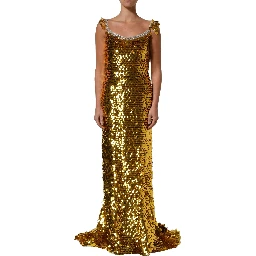 Gold Sequin Embellished Sleeveless Gown Dress