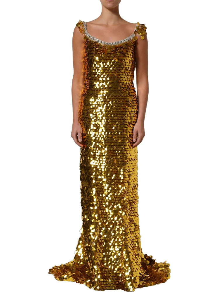 Gold Sequin Embellished Sleeveless Gown Dress