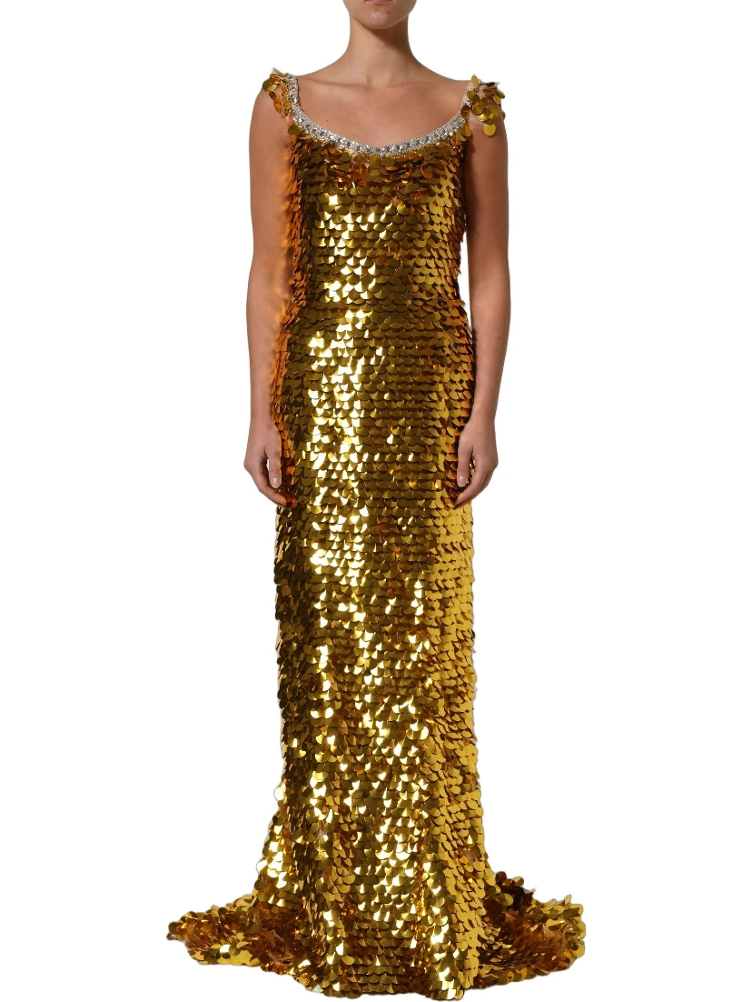 Gold Sequin Embellished Sleeveless Gown Dress