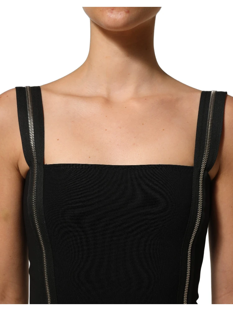 Black Sleeveless Front Zipper Midi Dress