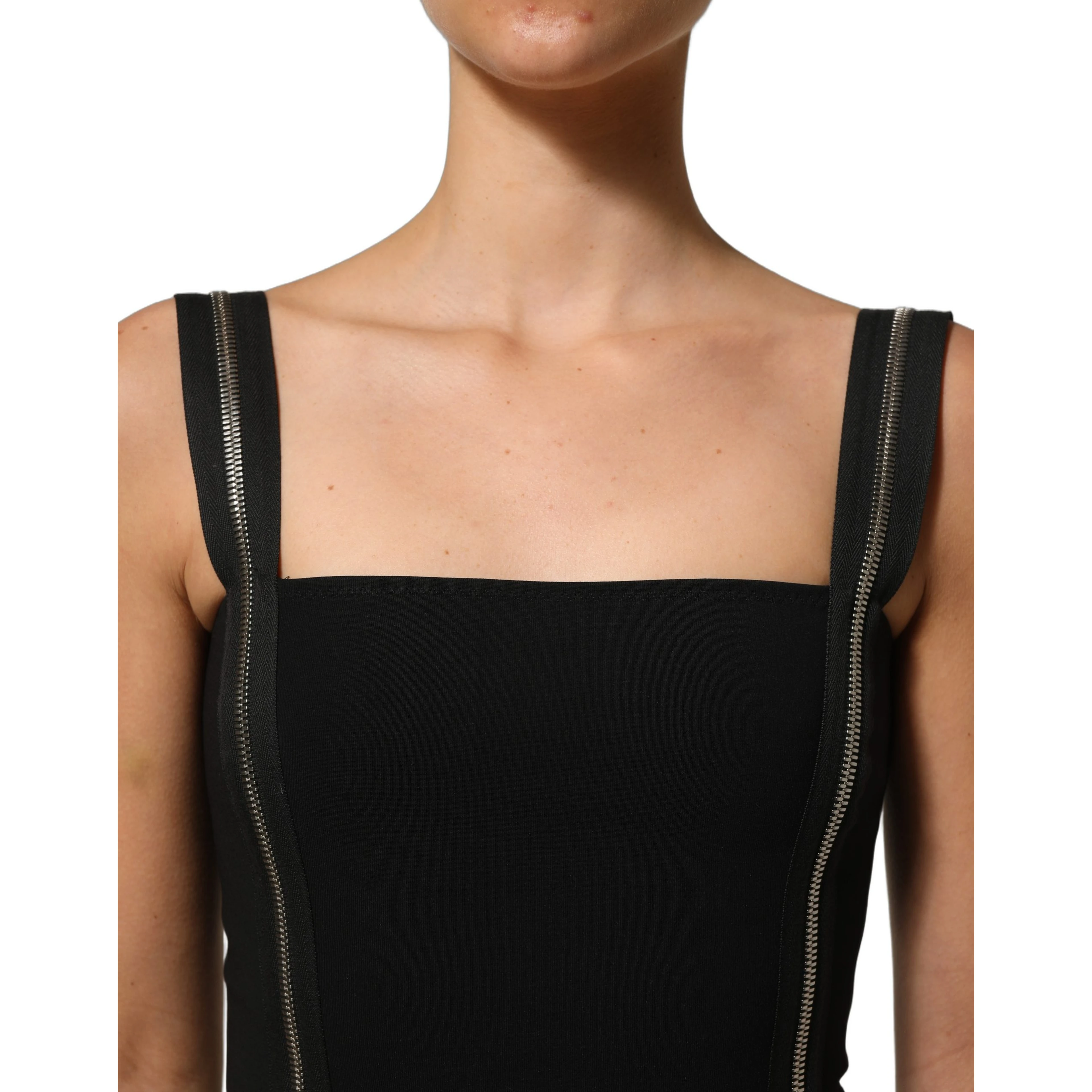 Black Sleeveless Front Zipper Midi Dress