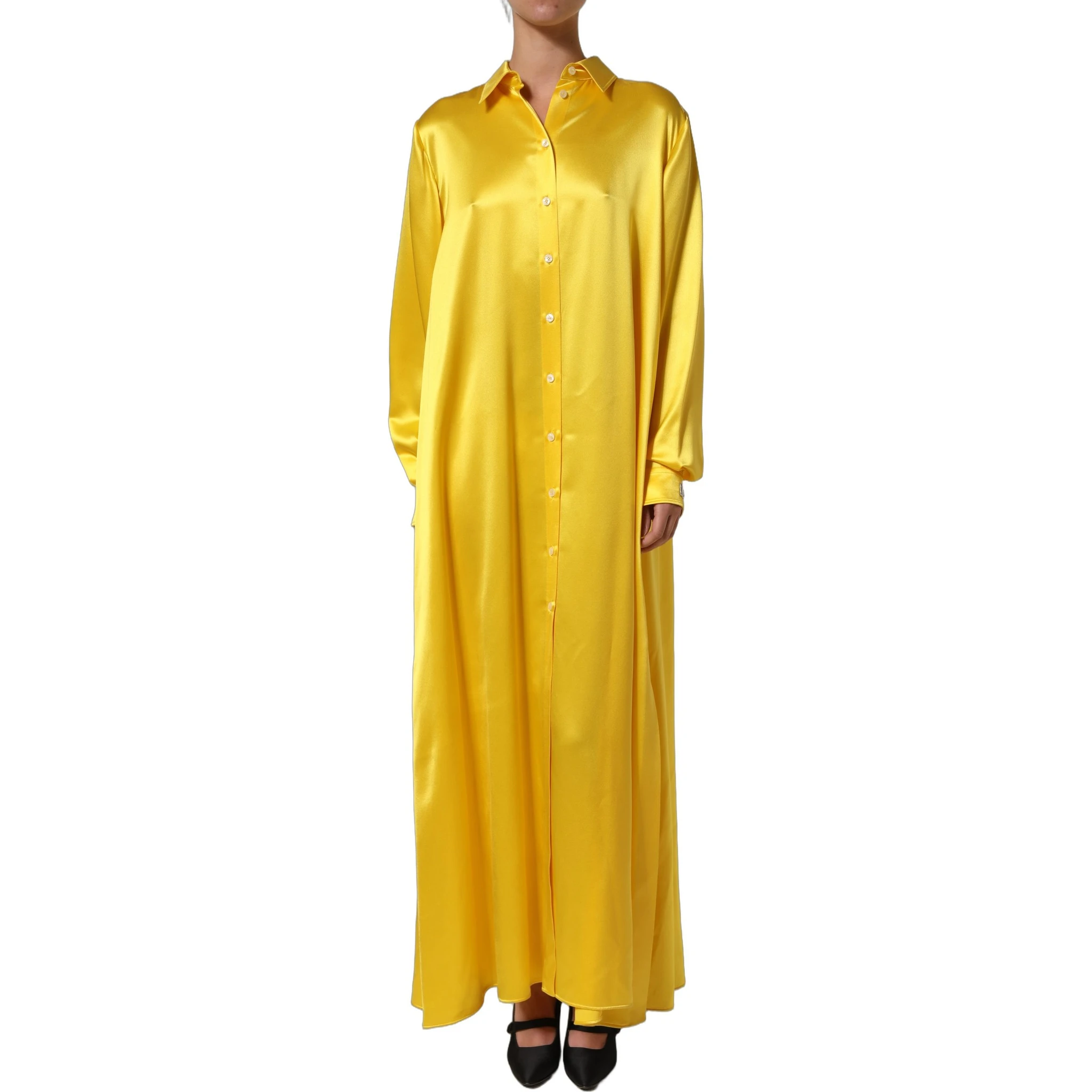 Yellow Silk Collared Button Down Maxi Dress