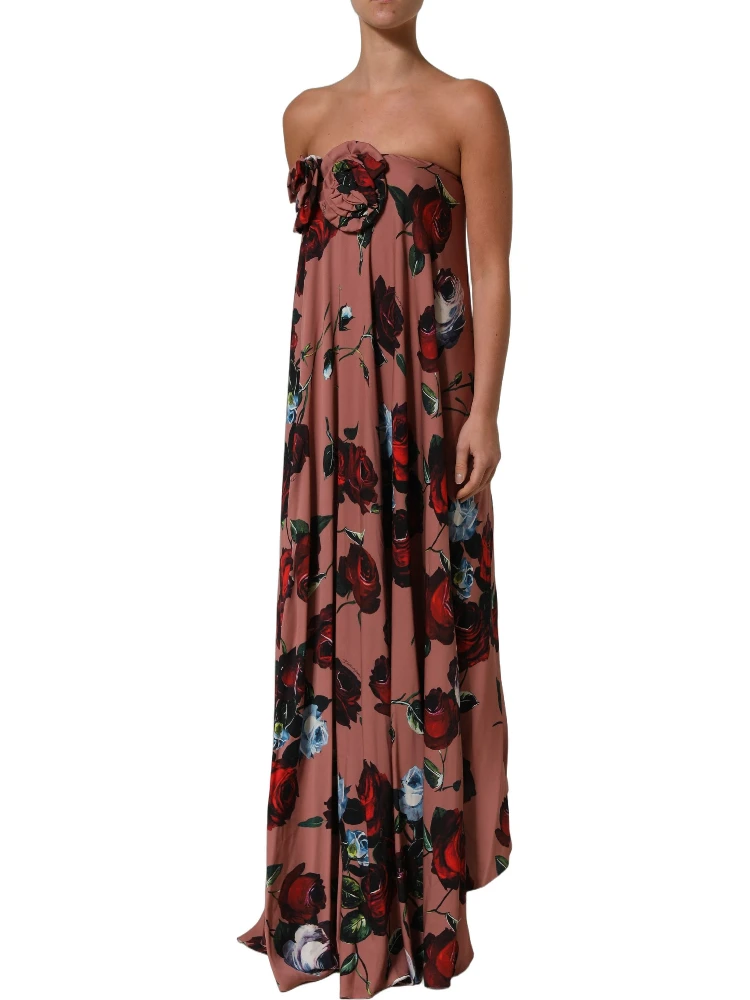 Dusty Pink Silk Floral Strapless Maxi Dress