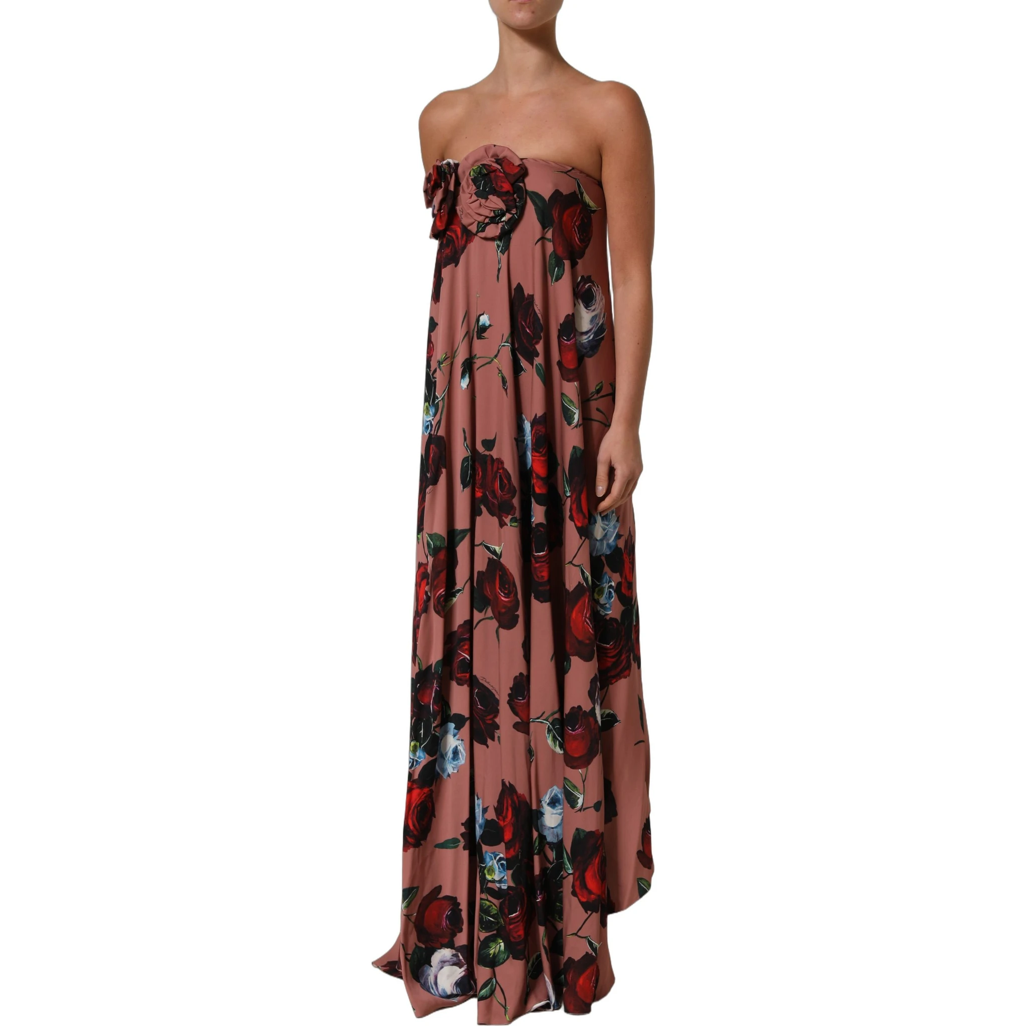 Dusty Pink Silk Floral Strapless Maxi Dress