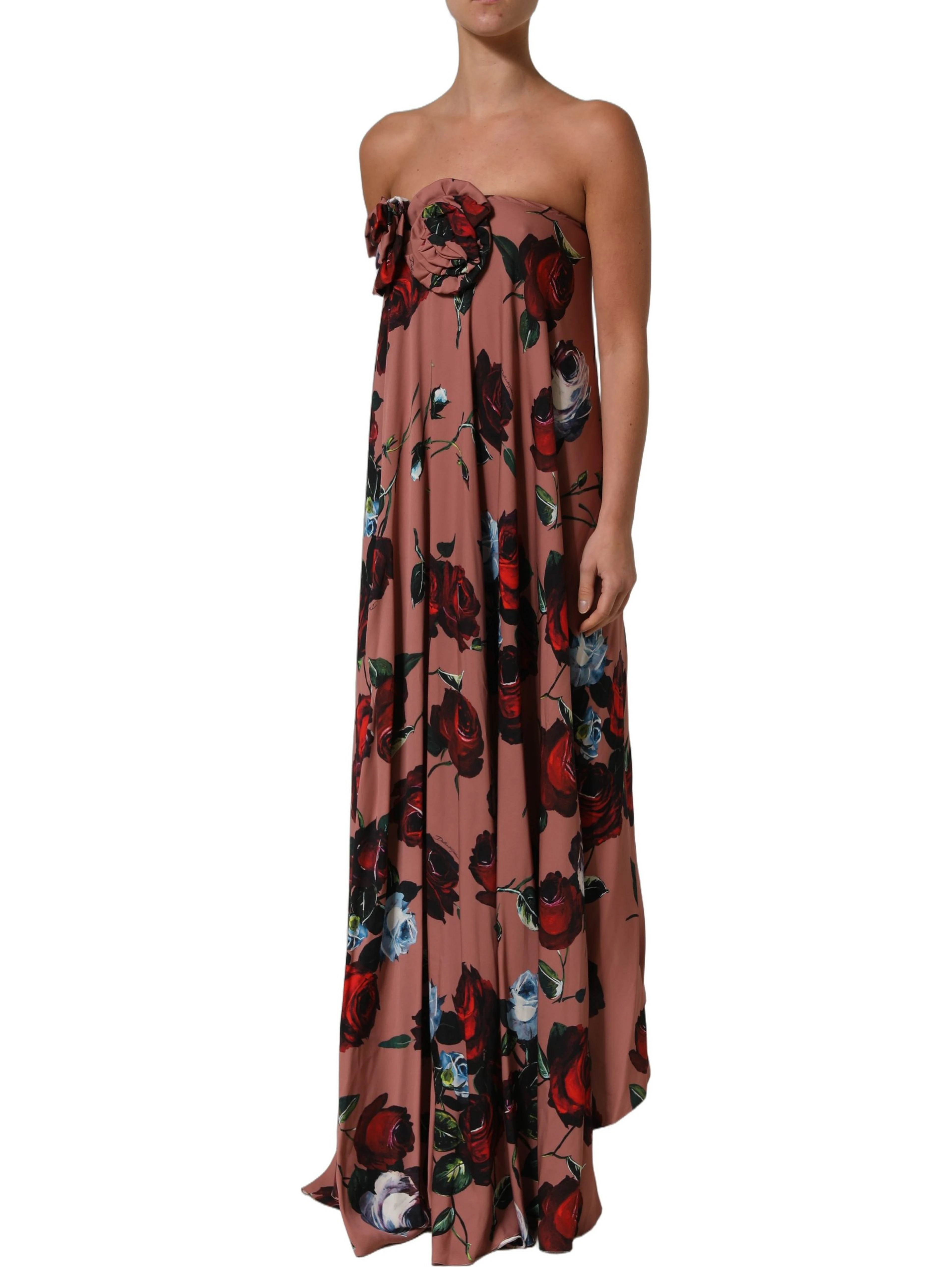 Dusty Pink Silk Floral Strapless Maxi Dress