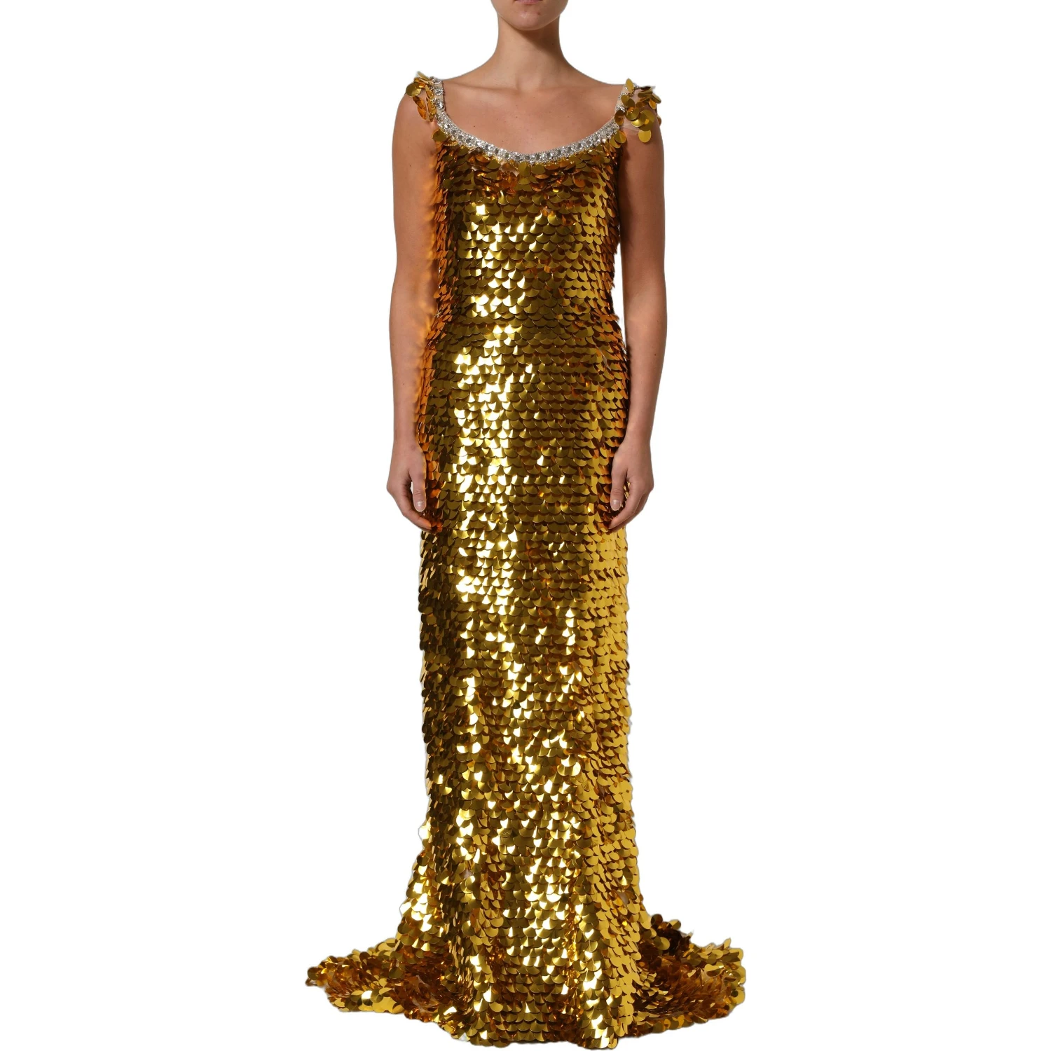 Gold Sequin Embellished Sleeveless Gown Dress