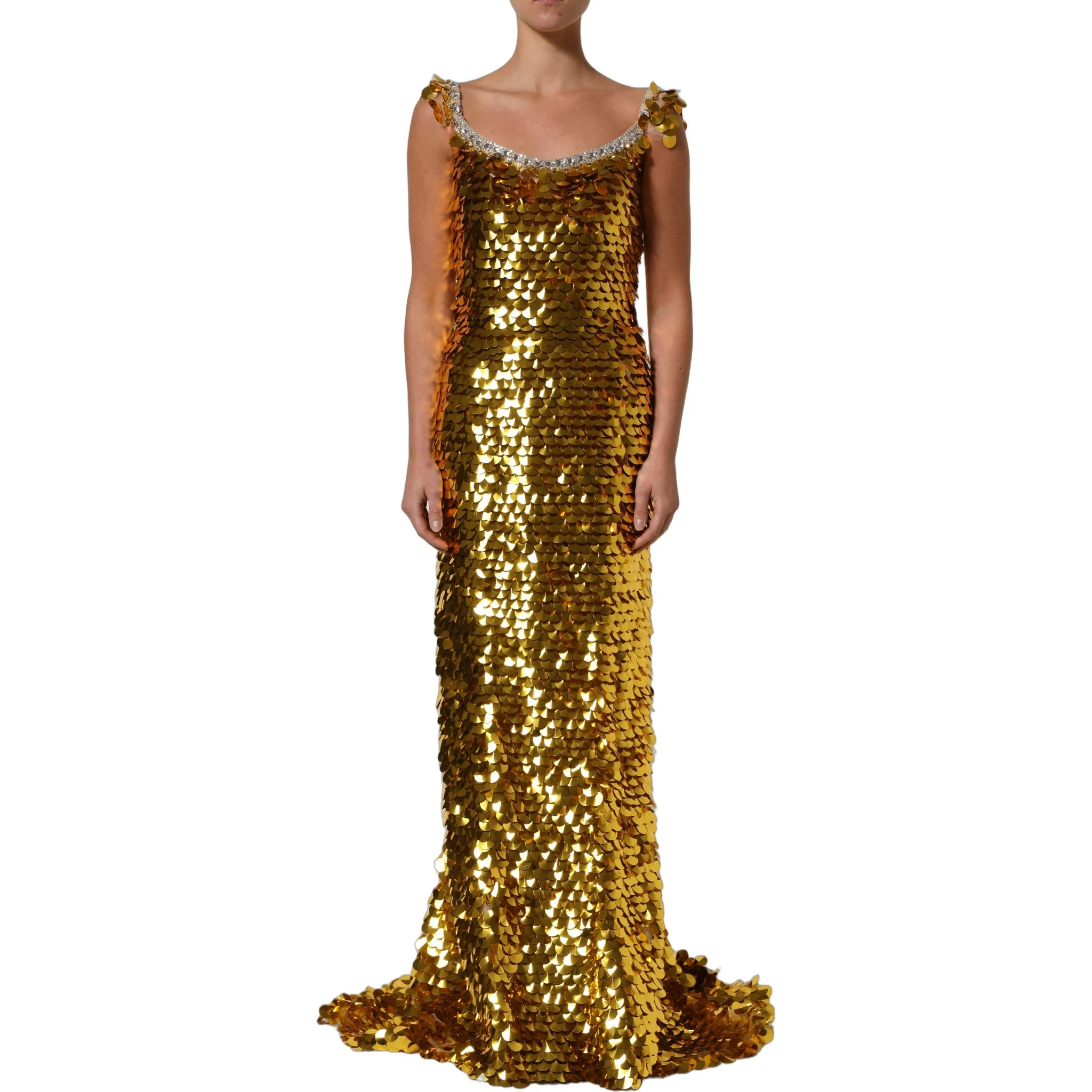 Gold Sequin Embellished Sleeveless Gown Dress