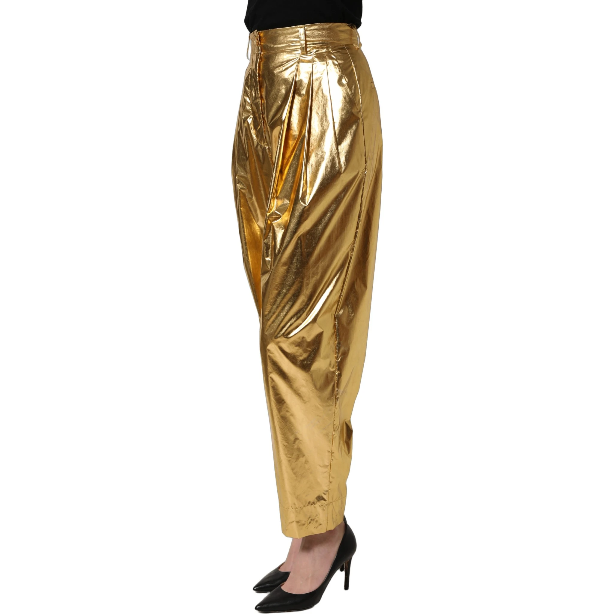 Metallic Gold High Waist Pleated Tapered Pants