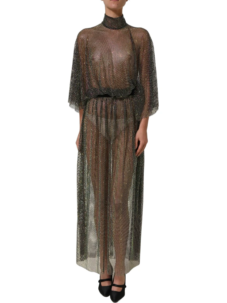 Black Rhinestone Mesh Turtleneck Maxi Dress