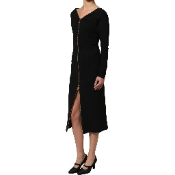 Black Long Sleeves Front Zipper Midi Dress