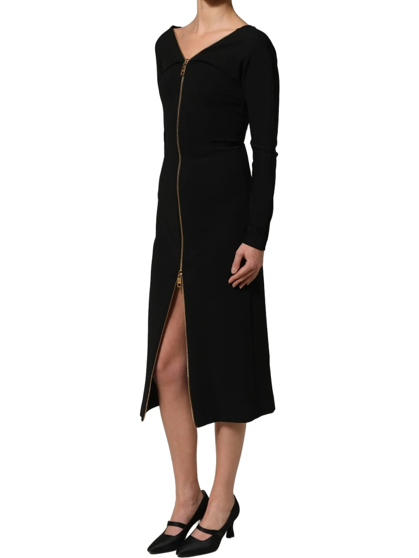 Black Long Sleeves Front Zipper Midi Dress
