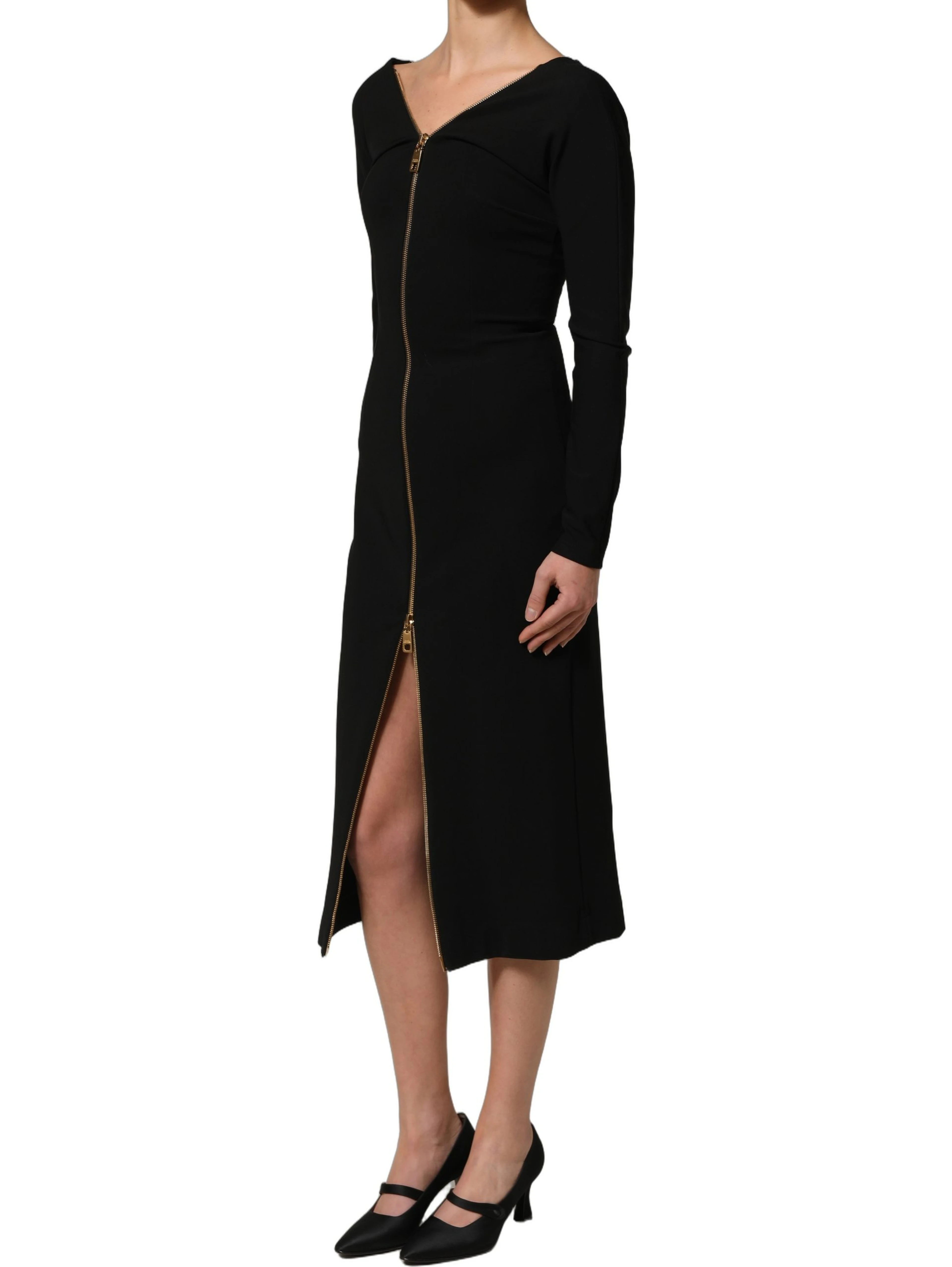 Black Long Sleeves Front Zipper Midi Dress