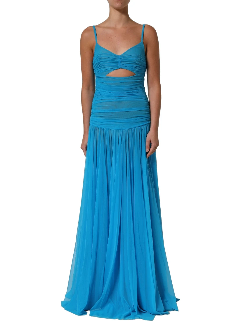Blue Nylon Pleated Chiffon CutOut Gown Dress