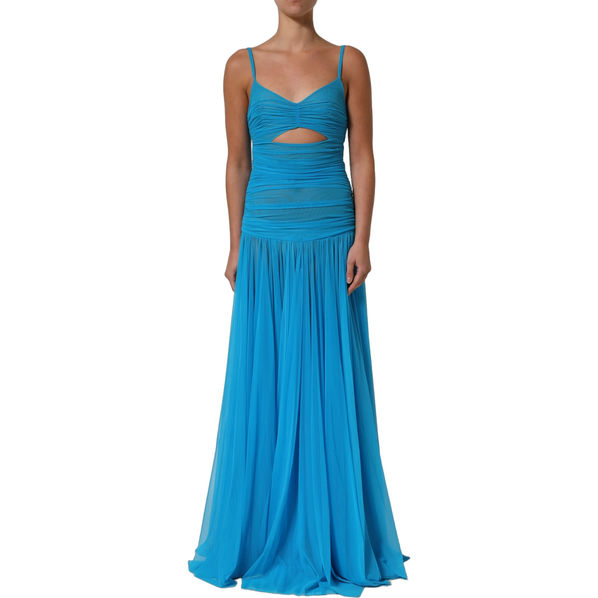 Blue Nylon Pleated Chiffon CutOut Gown Dress