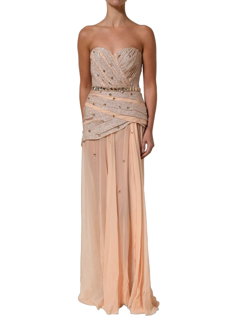 Nude Embellished Strapless Evening Gown Dress
