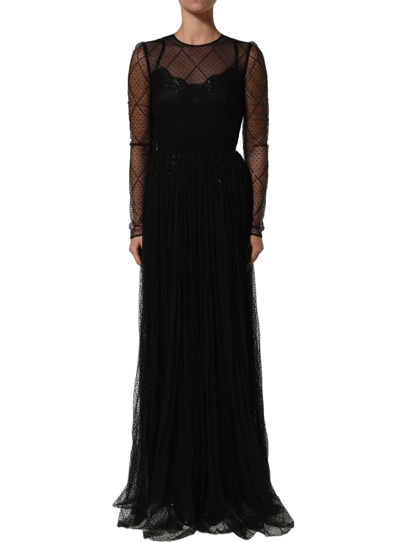 Black Mesh Lace Long Sleeved Maxi Gown Dress