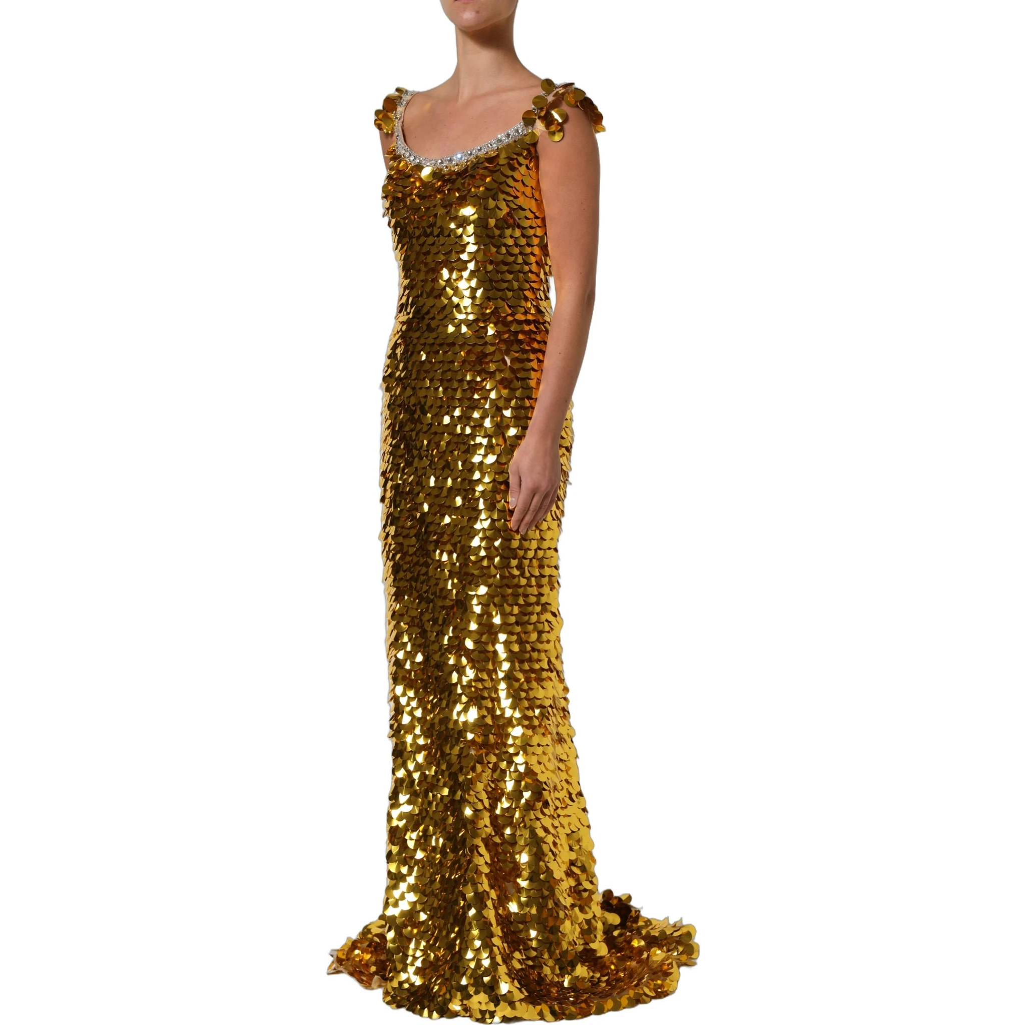Gold Sequin Embellished Sleeveless Gown Dress