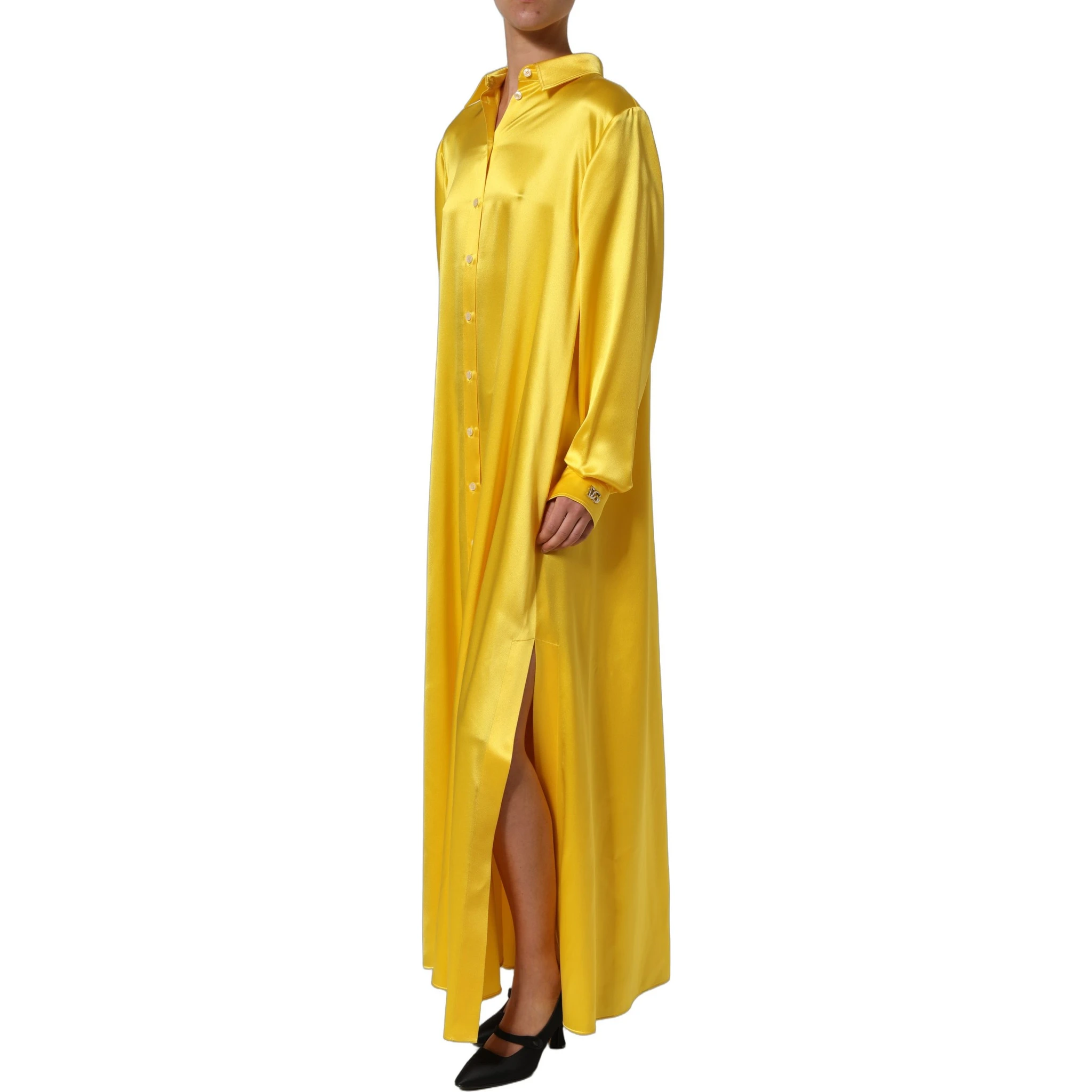 Yellow Silk Collared Button Down Maxi Dress