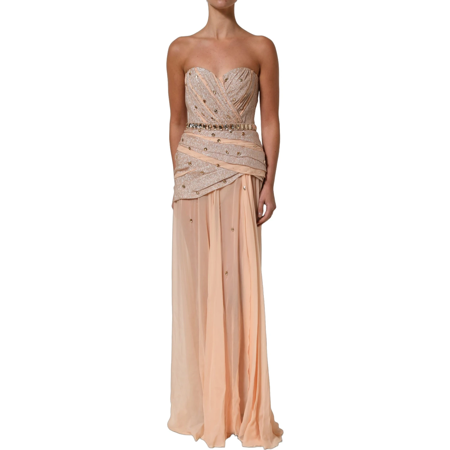 Nude Embellished Strapless Evening Gown Dress