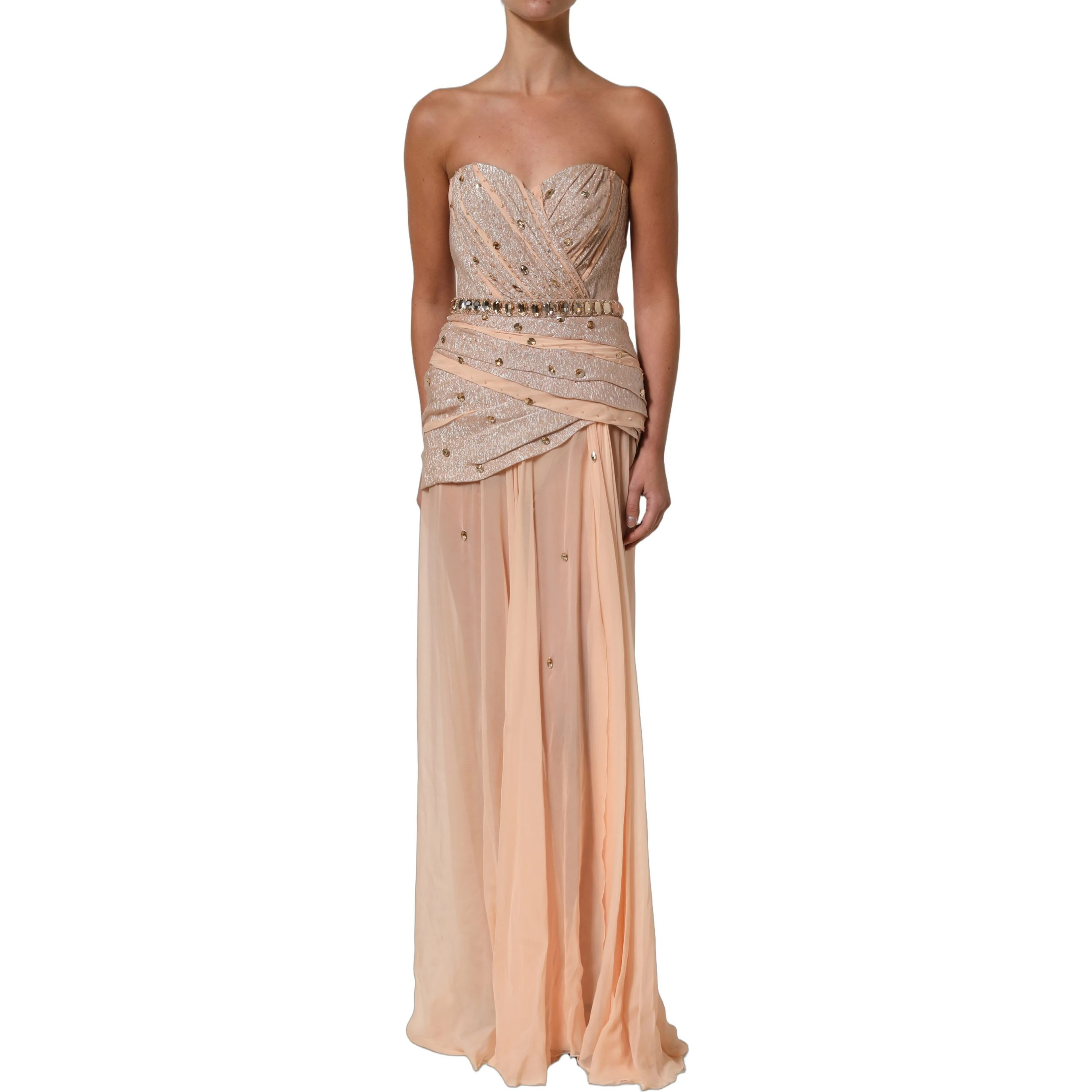 Nude Embellished Strapless Evening Gown Dress