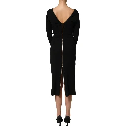 Black Long Sleeves Front Zipper Midi Dress