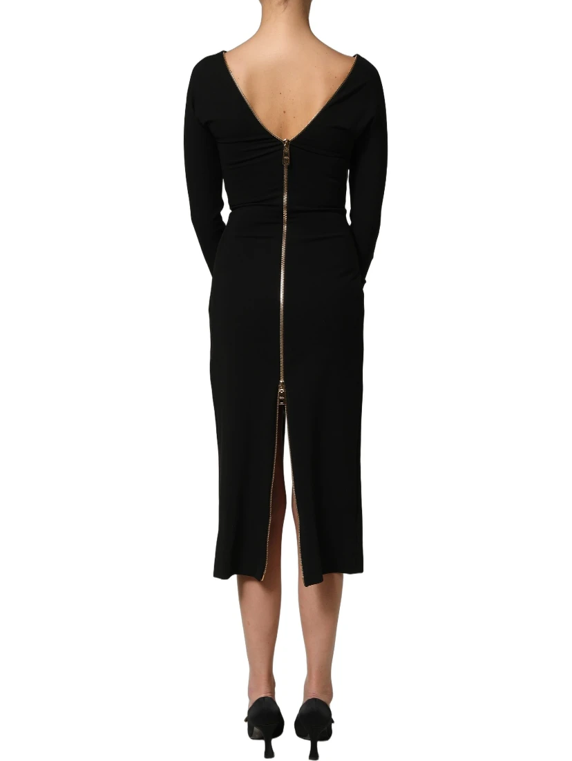 Black Long Sleeves Front Zipper Midi Dress