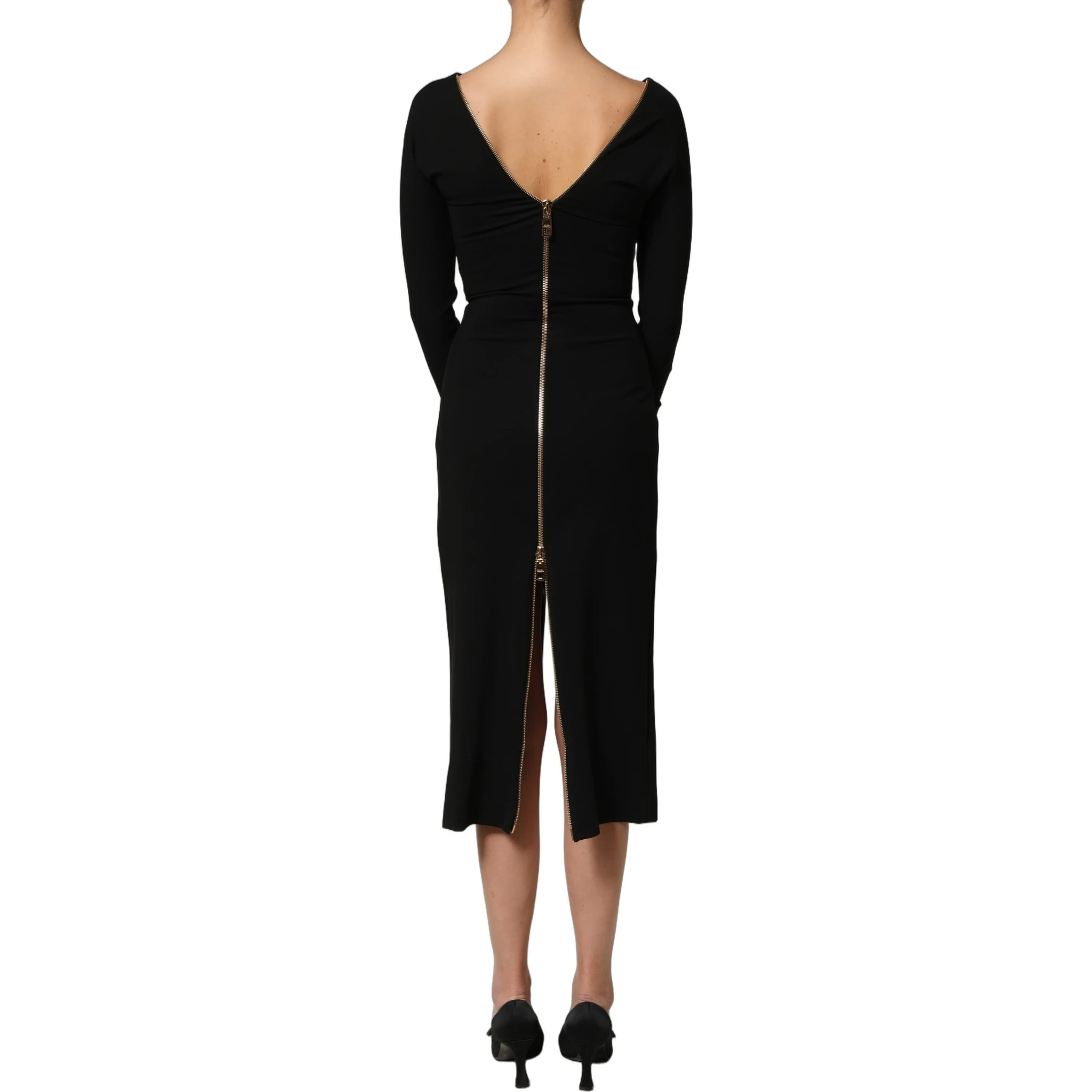 Black Long Sleeves Front Zipper Midi Dress