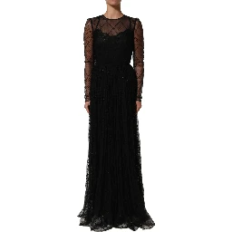 Black Mesh Lace Long Sleeved Maxi Gown Dress