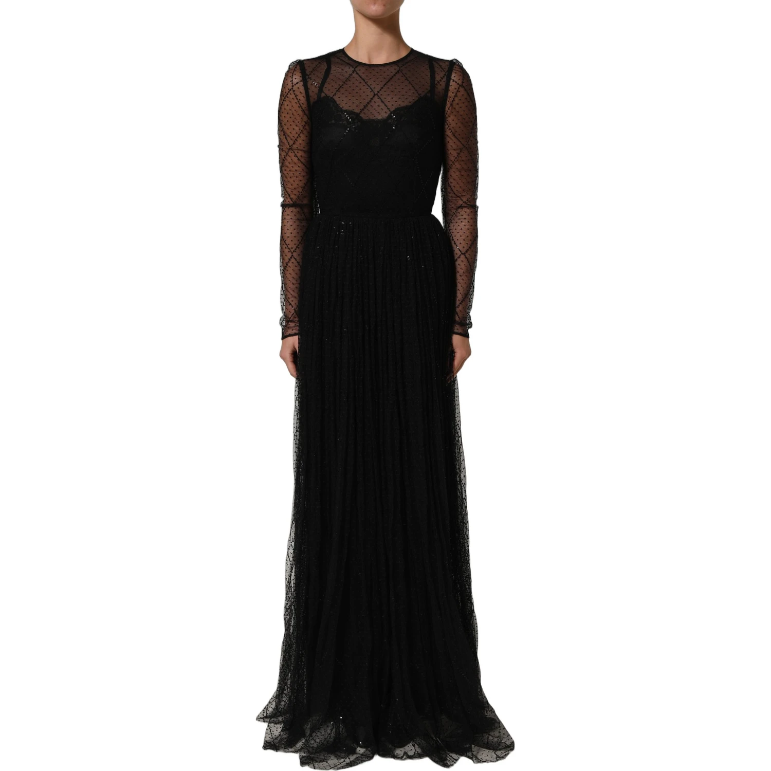 Black Mesh Lace Long Sleeved Maxi Gown Dress