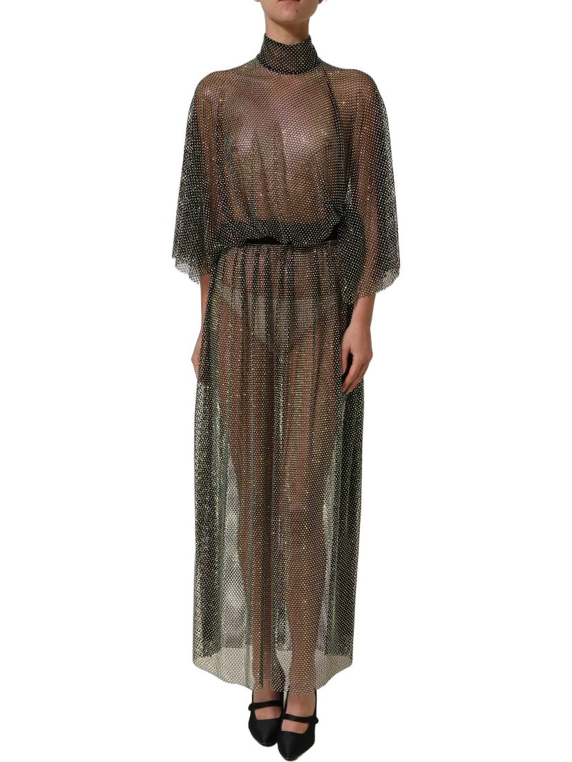 Black Rhinestone Mesh Turtleneck Maxi Dress