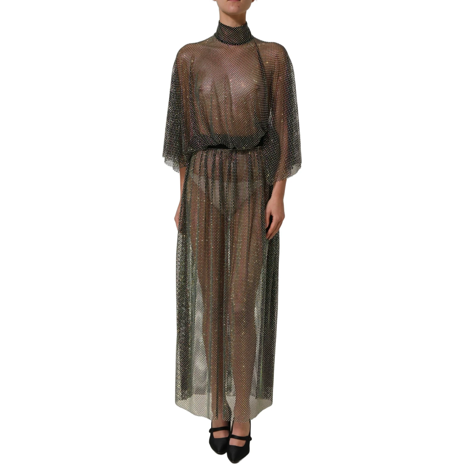 Black Rhinestone Mesh Turtleneck Maxi Dress