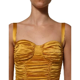 Gold Silk Ruched Bodycon Sheath Midi Dress