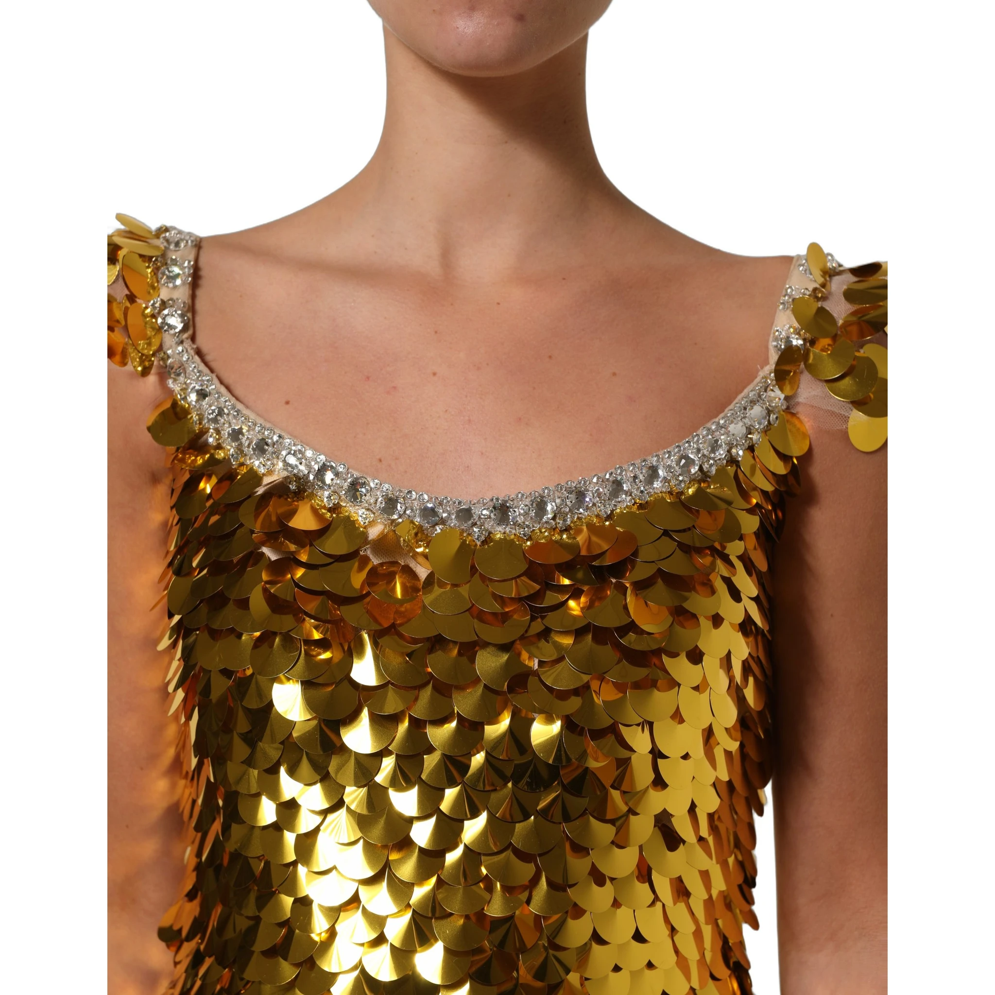Gold Sequin Embellished Sleeveless Gown Dress