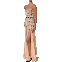 Nude Embellished Strapless Evening Gown Dress