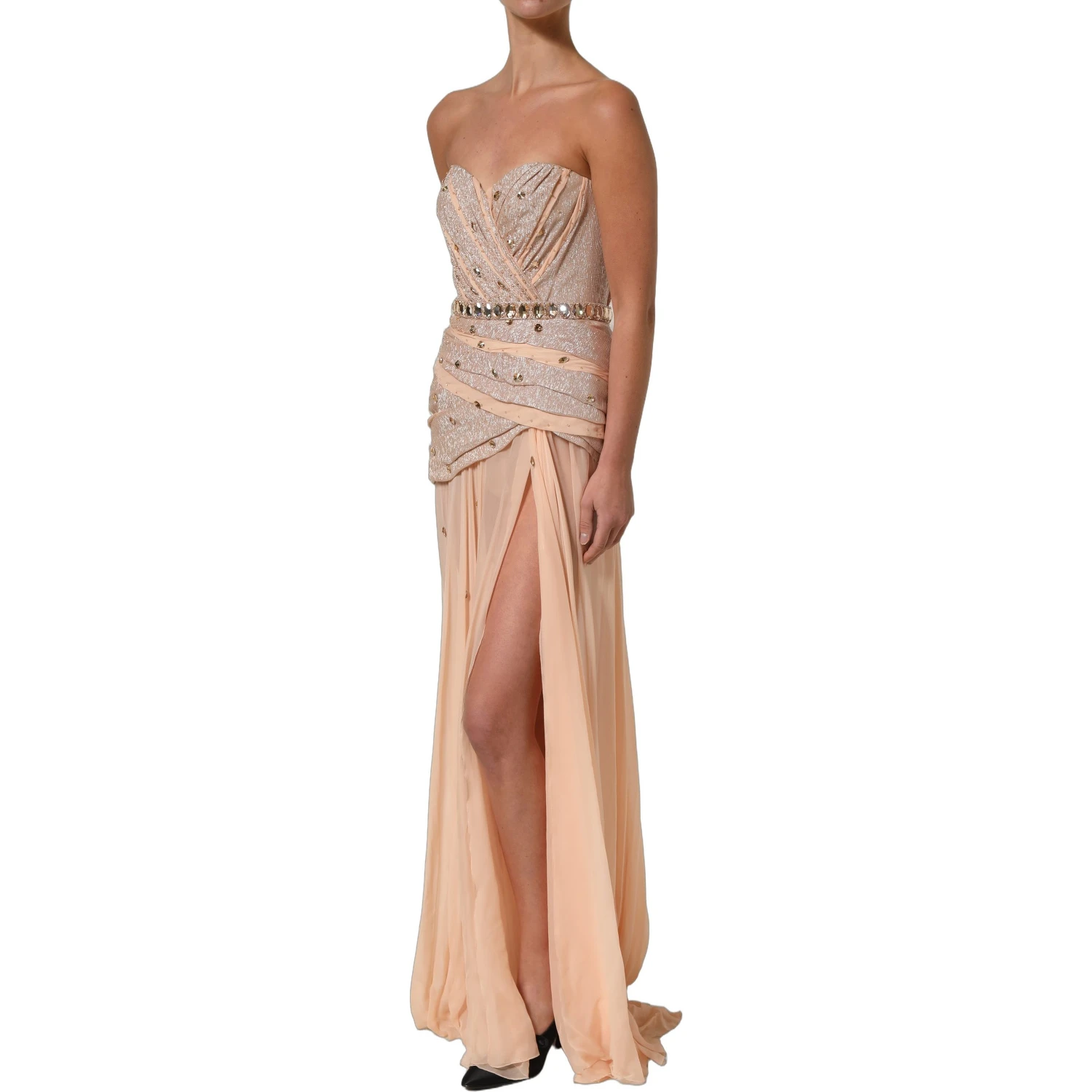 Nude Embellished Strapless Evening Gown Dress