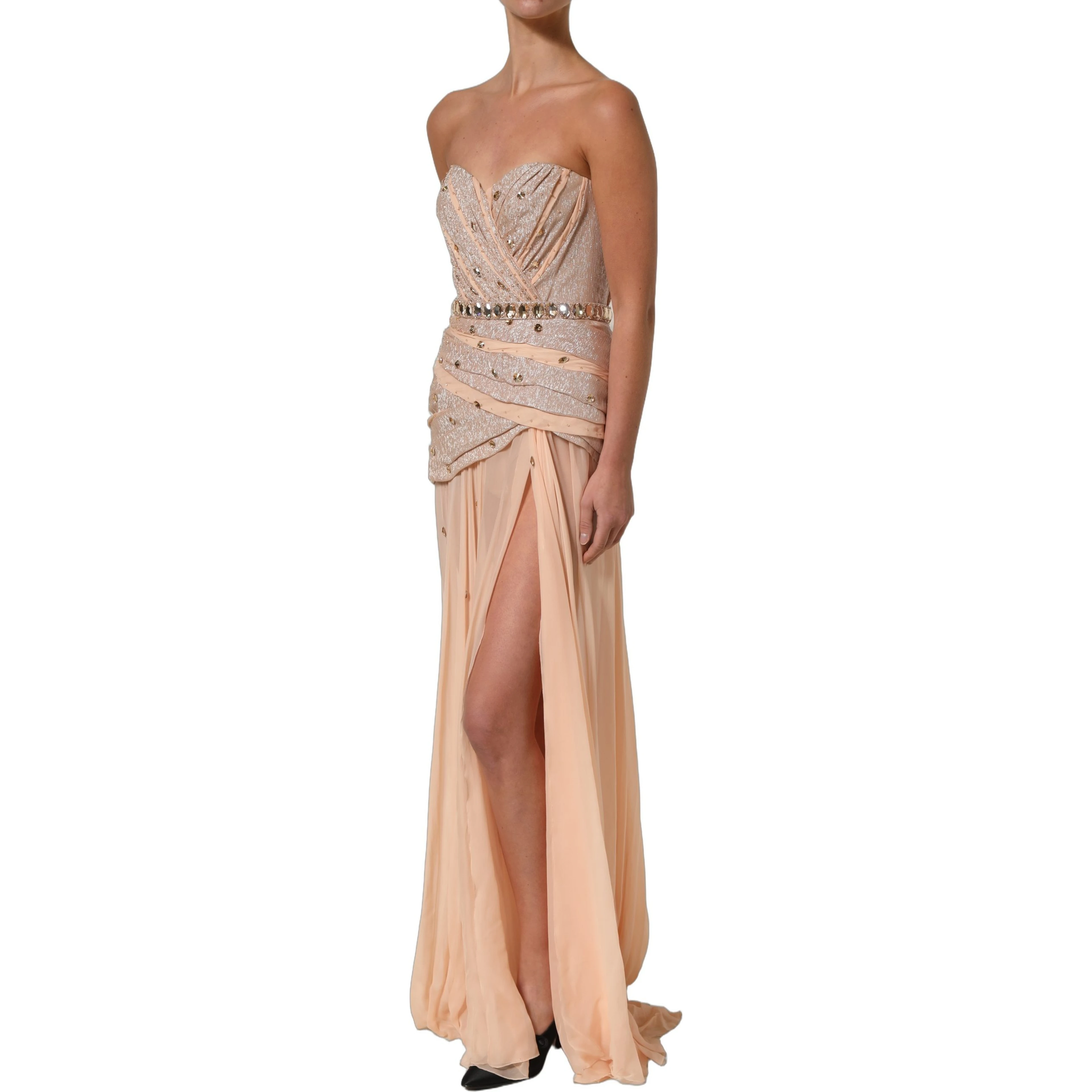 Nude Embellished Strapless Evening Gown Dress