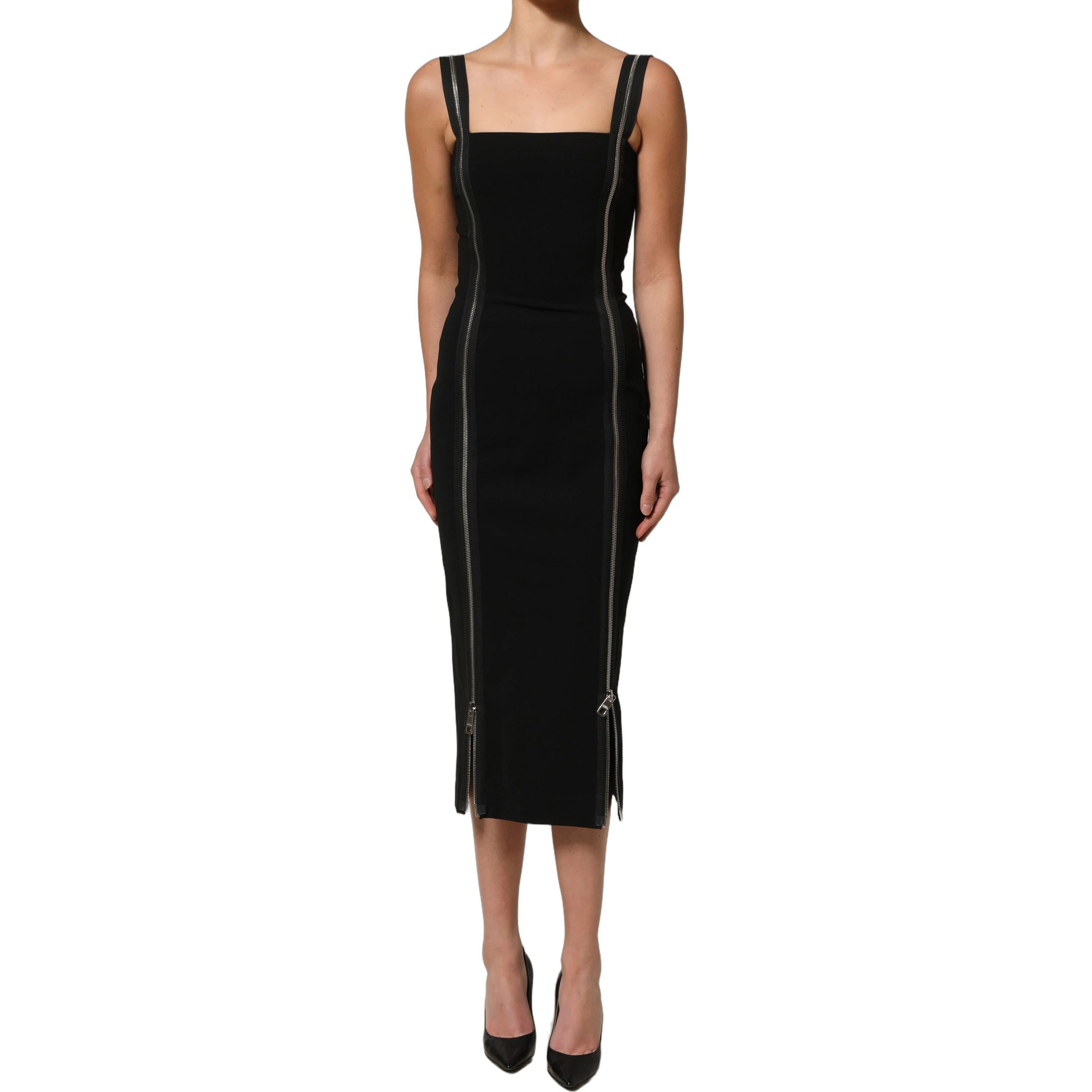 Black Sleeveless Front Zipper Midi Dress