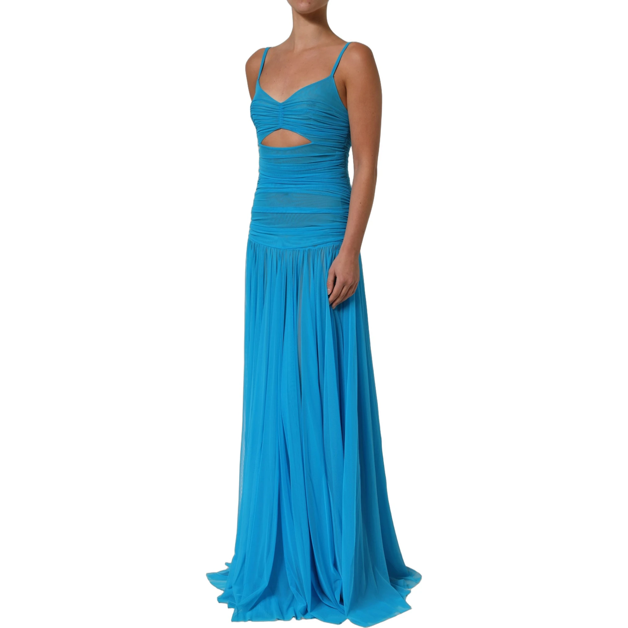 Blue Nylon Pleated Chiffon CutOut Gown Dress