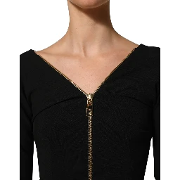 Black Long Sleeves Front Zipper Midi Dress