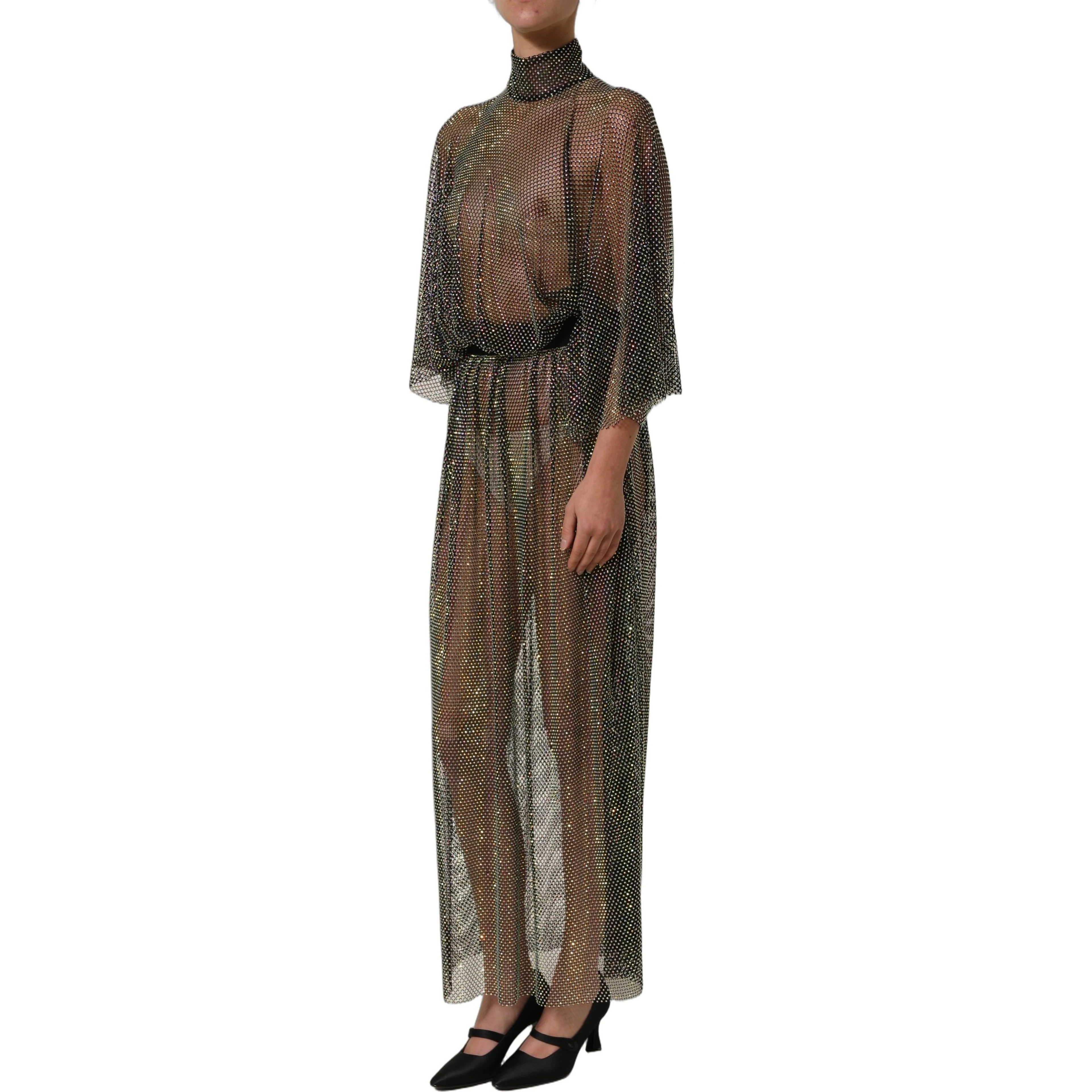 Black Rhinestone Mesh Turtleneck Maxi Dress