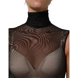 Black Sheer Mesh Jumpsuit Turtleneck Dress