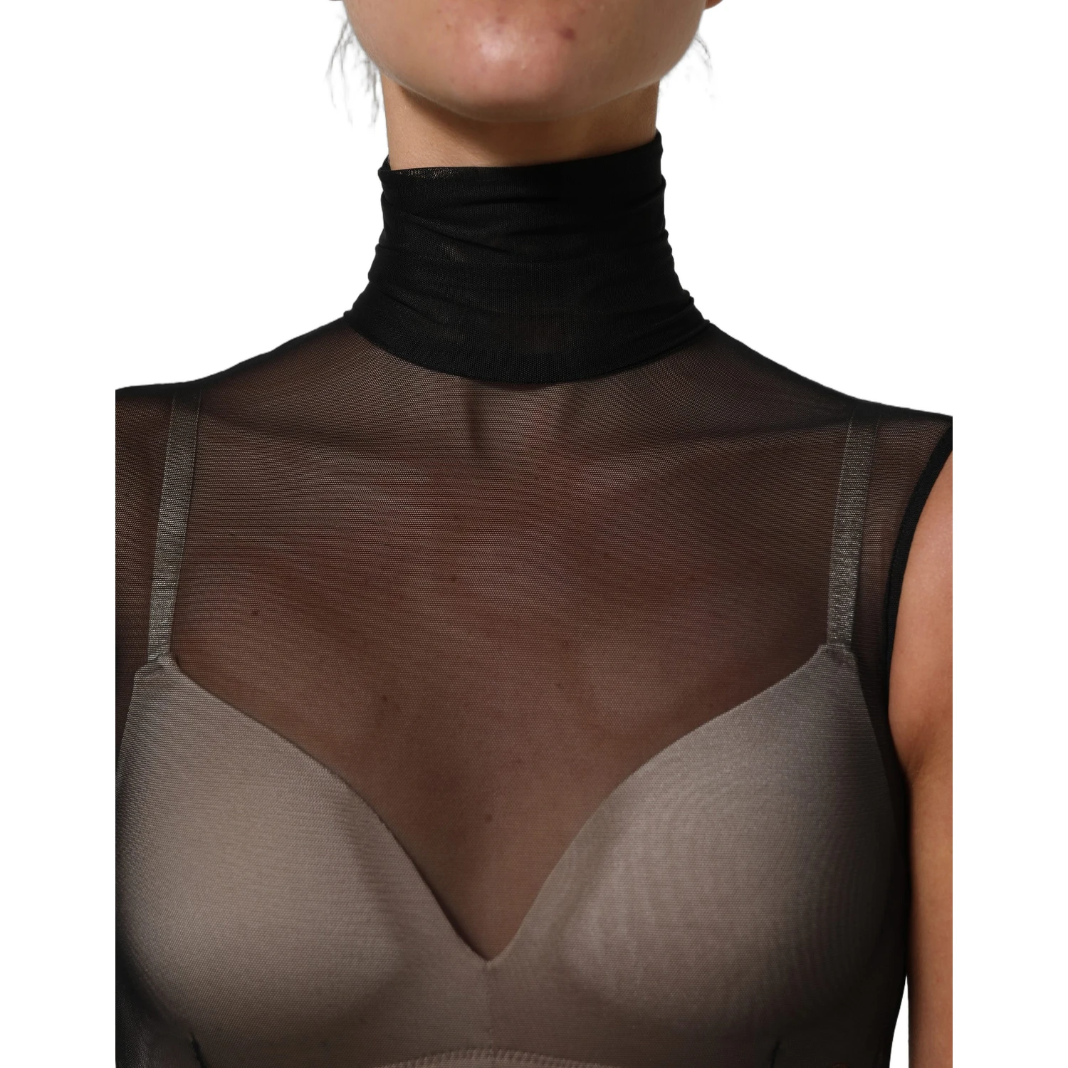 Black Sheer Mesh Jumpsuit Turtleneck Dress